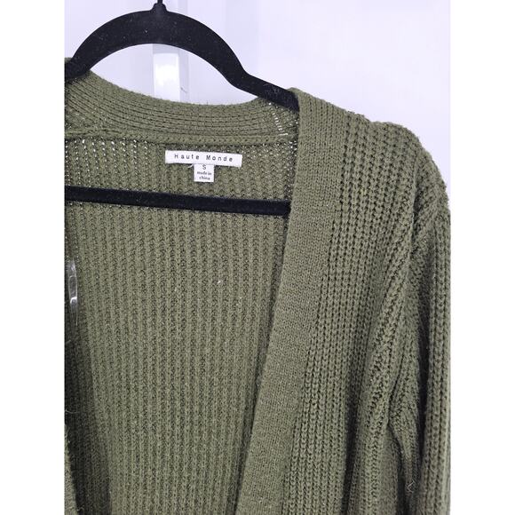 Haute Monde Womens Sz S Open Front Cardigan Sweater Green Knit w/ Pockets - Picture 2 of 3